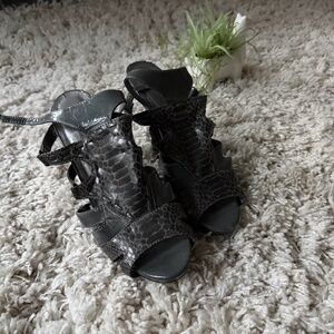 Sophisticated Women's Black Faux-Croc Open-Toe Heel with Ankle Strap faux-croc h